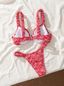 Swim Mod Springbreak Summer Vacation Flowery Fabric Sexy Bowknot Thick Strap Underwire 2pcs Bikini Set - Red and White - View 2