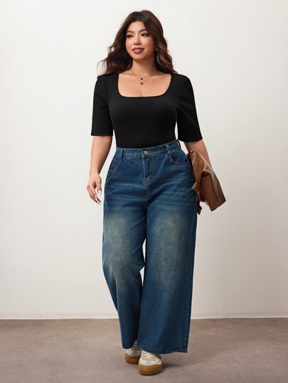 Enliva Plus Size Women's High Elastic Slim Fit Square Neck Short Sleeve T-Shirt, Women's Skin-Friendly Spring And Summer Tee, Friendly To Round Body Curves, Compatible With Apple Rounded Body Shape/2026 /New Year