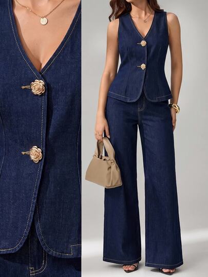 SHEIN Tall Conjunto Feminino Casual de Top com Decote em V e Abotoamento Simples e Calça Longa, Estilo Streetwear Elegante para o Dia a Dia, Denim Azul Escuro, Look Cowgirl para Trabalho e Verão