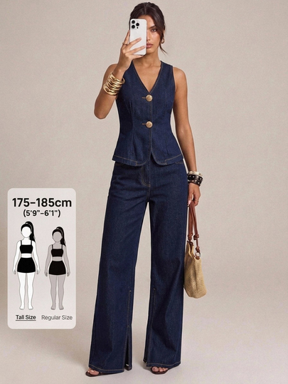 SHEIN Tall Conjunto Feminino Casual de Top com Decote em V e Abotoamento Simples e Calça Longa, Estilo Streetwear Elegante para o Dia a Dia, Denim Azul Escuro, Look Cowgirl para Trabalho e Verão