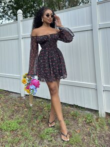 Alexandranx Cherry Print Front Tie Long Sleeve Off Shoulder Mini Dress For Women,For Summer Vacation, Women Summer Clothing - Black - View 3