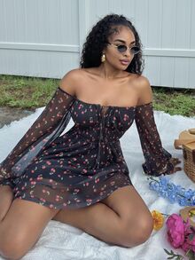 Alexandranx Cherry Print Front Tie Long Sleeve Off Shoulder Mini Dress For Women,For Summer Vacation, Women Summer Clothing - Black - View 1