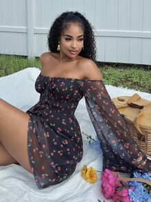 Alexandranx Cherry Print Front Tie Long Sleeve Off Shoulder Mini Dress For Women,For Summer Vacation, Women Summer Clothing - Black - View 4