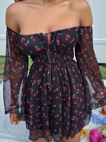 Alexandranx Cherry Print Front Tie Long Sleeve Off Shoulder Mini Dress For Women,For Summer Vacation, Women Summer Clothing - Black - View 5