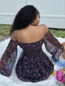 Alexandranx Cherry Print Front Tie Long Sleeve Off Shoulder Mini Dress For Women,For Summer Vacation, Women Summer Clothing - Black - View 2