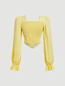 SHEIN MOD Women's Lace Patchwork Casual Versatile Daily Wear Blouse - Yellow - View 2