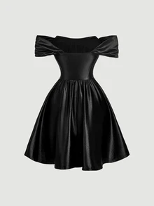 SHEIN MOD Contrast Lace Ruched Bust Satin Dress - Black - View 2