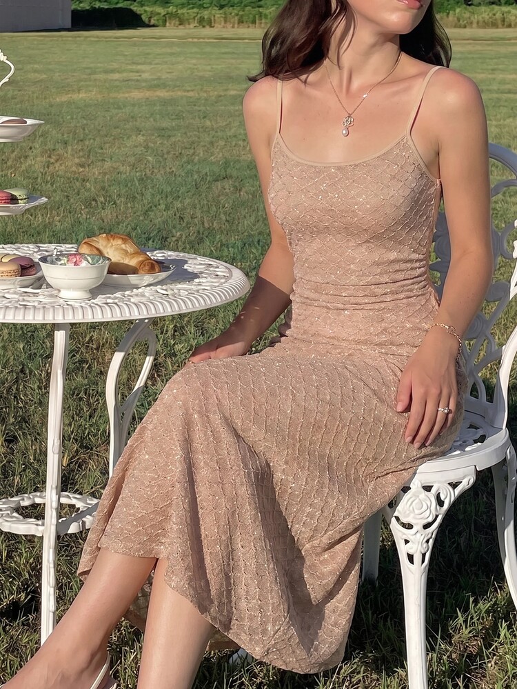 SHEIN MOD Gaun Wanita Polos dengan Detail Kerut di Pinggang dan Hem Mengembang, Gaun Semi Formal, Gaun Pesta Teh Elegan, Pakaian Wanita untuk Pelayaran yang Mengalir - Khaki - View 4