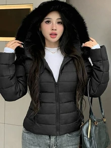 Dazy Kids Teen Girl Solid Color Long Sleeve Zipper Front Fur Collar Hooded Winter Jacket - Black - View 3