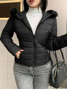Dazy Kids Teen Girl Solid Color Long Sleeve Zipper Front Fur Collar Hooded Winter Jacket - Black - View 4