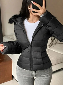 Dazy Kids Teen Girl Solid Color Long Sleeve Zipper Front Fur Collar Hooded Winter Jacket - Black - View 7