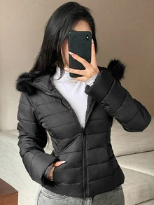 Dazy Kids Teen Girl Solid Color Long Sleeve Zipper Front Fur Collar Hooded Winter Jacket - Black - View 6