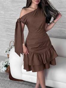 Modelyn Women's Solid Color Twist Shoulder Design Ruffle Hem Short Dress Summer Party Cocktail Date Brown Elegant Sexy - Burgundy - View 4