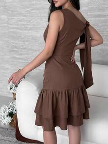 Modelyn Women's Solid Color Twist Shoulder Design Ruffle Hem Short Dress Summer Party Cocktail Date Brown Elegant Sexy - Burgundy - View 2
