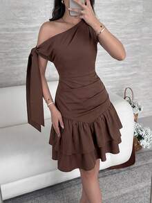 Modelyn Women's Solid Color Twist Shoulder Design Ruffle Hem Short Dress Summer Party Cocktail Date Brown Elegant Sexy - Burgundy - View 5