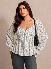 Elaquor Plus Size Women's All-Over Print Pleated Casual Versatile Daily Long Sleeve Top Fall - Multicolor - View 4