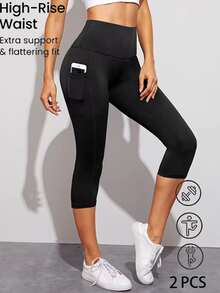 SHEIN Velisys Women's High Waist Slim Fit Yoga Fitness Pocket Sports Shorts - Black - View 8