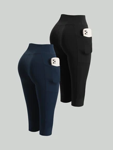 SHEIN Velisys Women's High Waist Slim Fit Yoga Fitness Pocket Sports Shorts - Black - View 2