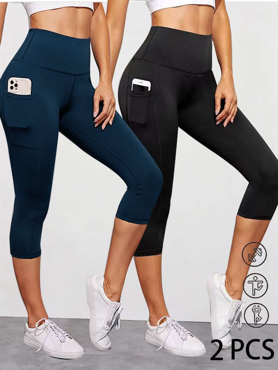 SHEIN Velisys Women's High Waist Slim Fit Yoga Fitness Pocket Sports Shorts - Black - View 1