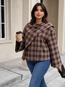 CosyJoli Plus Size Women Casual Elegant Loose Solid Color Poncho Style Jacket In Autumn Plaid For Going Out Evening Formal Dinner Office Fall/Winter Outfit - Brown - View 4