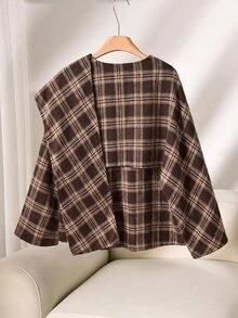 CosyJoli Plus Size Women Casual Elegant Loose Solid Color Poncho Style Jacket In Autumn Plaid For Going Out Evening Formal Dinner Office Fall/Winter Outfit - Brown - View 3