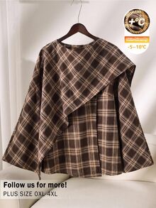 CosyJoli Plus Size Women Casual Elegant Loose Solid Color Poncho Style Jacket In Autumn Plaid For Going Out Evening Formal Dinner Office Fall/Winter Outfit - Brown - View 2