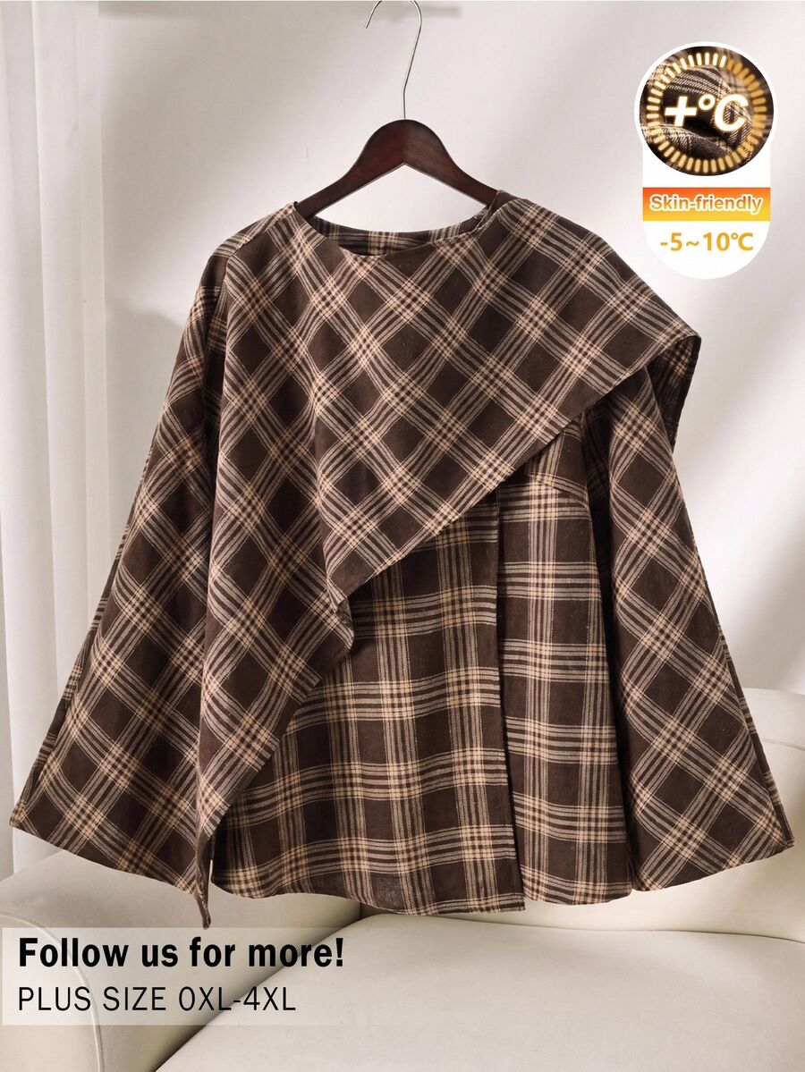 CosyJoli Plus Size Women Casual Elegant Loose Solid Color Poncho Style Jacket In Autumn Plaid For Going Out Evening Formal Dinner Office Fall/Winter Outfit