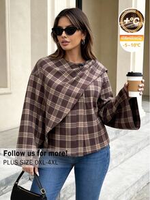 CosyJoli Plus Size Women Casual Elegant Loose Solid Color Poncho Style Jacket In Autumn Plaid For Going Out Evening Formal Dinner Office Fall/Winter Outfit - Brown - View 5