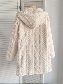 SHEIN 青少年女孩秋冬休閒優雅奶油白雙面抓絨貼袋加厚連帽前開扣中長版外套，適合返校、秋冬外出、日常穿著 - 米色 - 查看 3