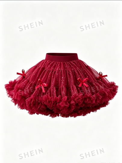 Young Girl'Elegant Burgundy Fairy Tulle Puff Skirt,Lovely Sweet Party Look For Outings & Gatherings,Suitable For Spring,Summer,Autumn