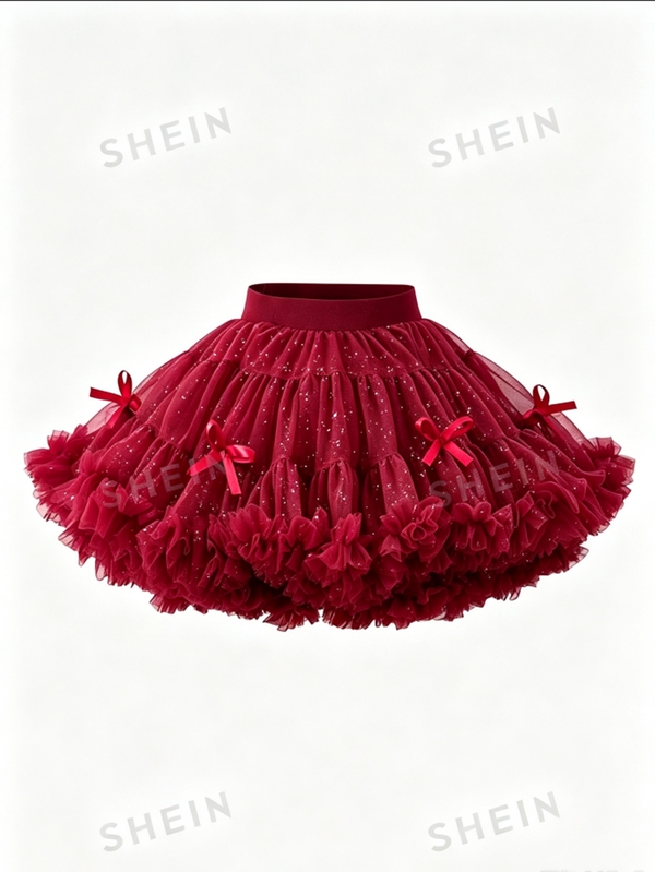 Young Girl'Elegant Burgundy Fairy Tulle Puff Skirt,Lovely Sweet Party Look For Outings & Gatherings,Suitable For Spring,Summer,Autumn