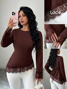 Elenzga Blus Polos dengan Hiasan Renda Bulu Mata Kontras - Coffee Brown - View 1
