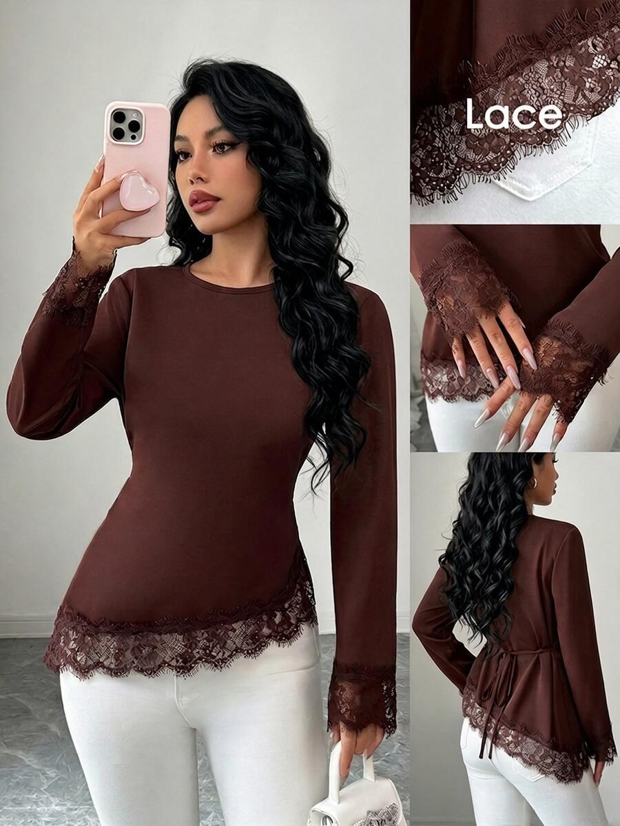 Elenzga Blus Polos dengan Hiasan Renda Bulu Mata Kontras - Coffee Brown - View 1