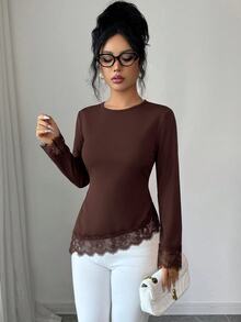 Elenzga Blus Polos dengan Hiasan Renda Bulu Mata Kontras - Coffee Brown - View 4