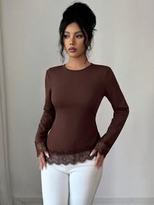 Elenzga Blus Polos dengan Hiasan Renda Bulu Mata Kontras - Coffee Brown - View 3