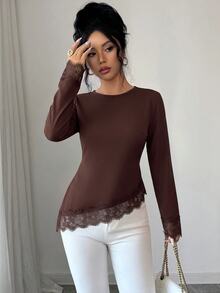 Elenzga Blus Polos dengan Hiasan Renda Bulu Mata Kontras - Coffee Brown - View 5
