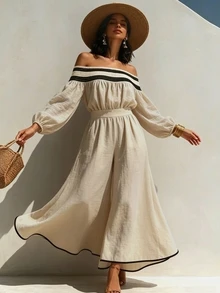 Breezaya 女款長袖露肩純色洋裝，優雅休閒，適合日常、度假與派對 - 彩色 - 查看 7