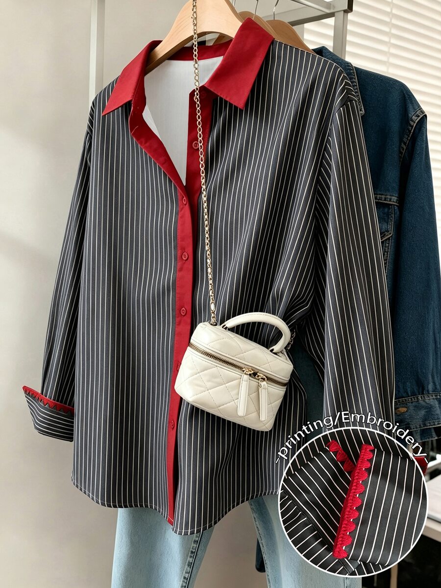 Resyla Women's Plus Size Striped Colorblock Casual Daily Wear Shirt Fall - Multicolor - View 1