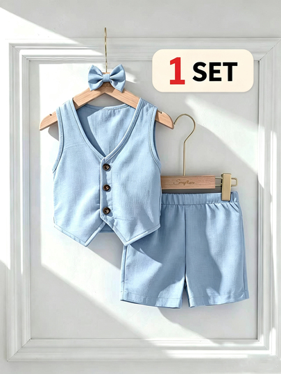 Souflis Souflis Set 3 potong untuk bayi laki-laki untuk Hari Ibu pertama, rompi tanpa lengan warna biru muda, dasi kupu-kupu, celana pendek, pakaian musim panas elegan untuk pernikahan, ulang tahun ke-2, dan setelan konser yang sopan.