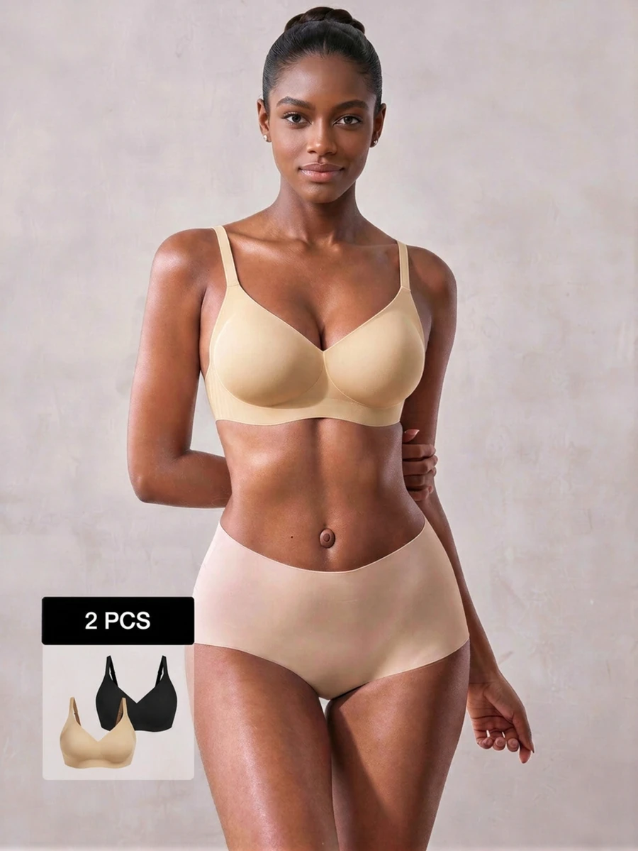 Veilyse 2pcs Women Seamless Wireless Soft Cup Bras, Elastic Comfortable Unpadded Pullover Bras - Multicolor - View 1