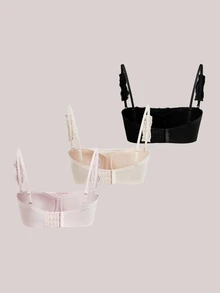 Veilyse 3pcs Women's Solid Color Lace Patchwork Bras, With Straps And Strapless Styles, Non-Padded - Multicolor - View 3