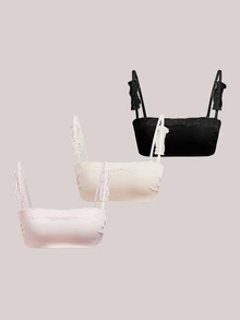 Veilyse 3pcs Women's Solid Color Lace Patchwork Bras, With Straps And Strapless Styles, Non-Padded - Multicolor - View 2