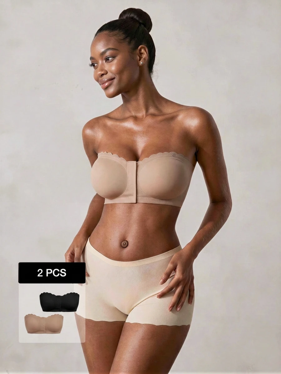 Veilyse 2pcs Multi-Color Combination Pack Front Closure Seamless Straight Bandeau Bra, Upgraded Non-Slip Full Coverage Small Silicone Strip (Non-Sticky), Wire-Free Women's Bra (Suitable For A-C Cups & Comes With Transparent Shoulder Straps) - Multicolor - View 1