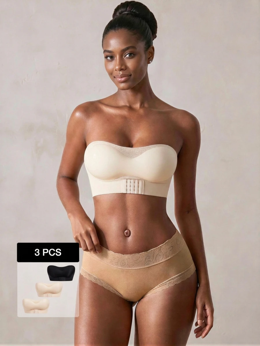 Veilyse 3pcs Strapless Front Closure Non-Wired Push-Up Bra For Small Bust, Anti-Slip Anti-Chafe Thin Camisole Style Lingerie For Girls - Multicolor - View 1