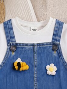 SHEIN 女嬰休閒舒適印花圖案裝飾短袖洋裝 - 藍色 - 查看 7
