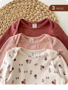 3 Potong Baju Bayi Perempuan Baru Lahir Motif Bunga Kecil Kasual Lucu Rajut Elastis Musim Gugur - MultiWarna - View 1
