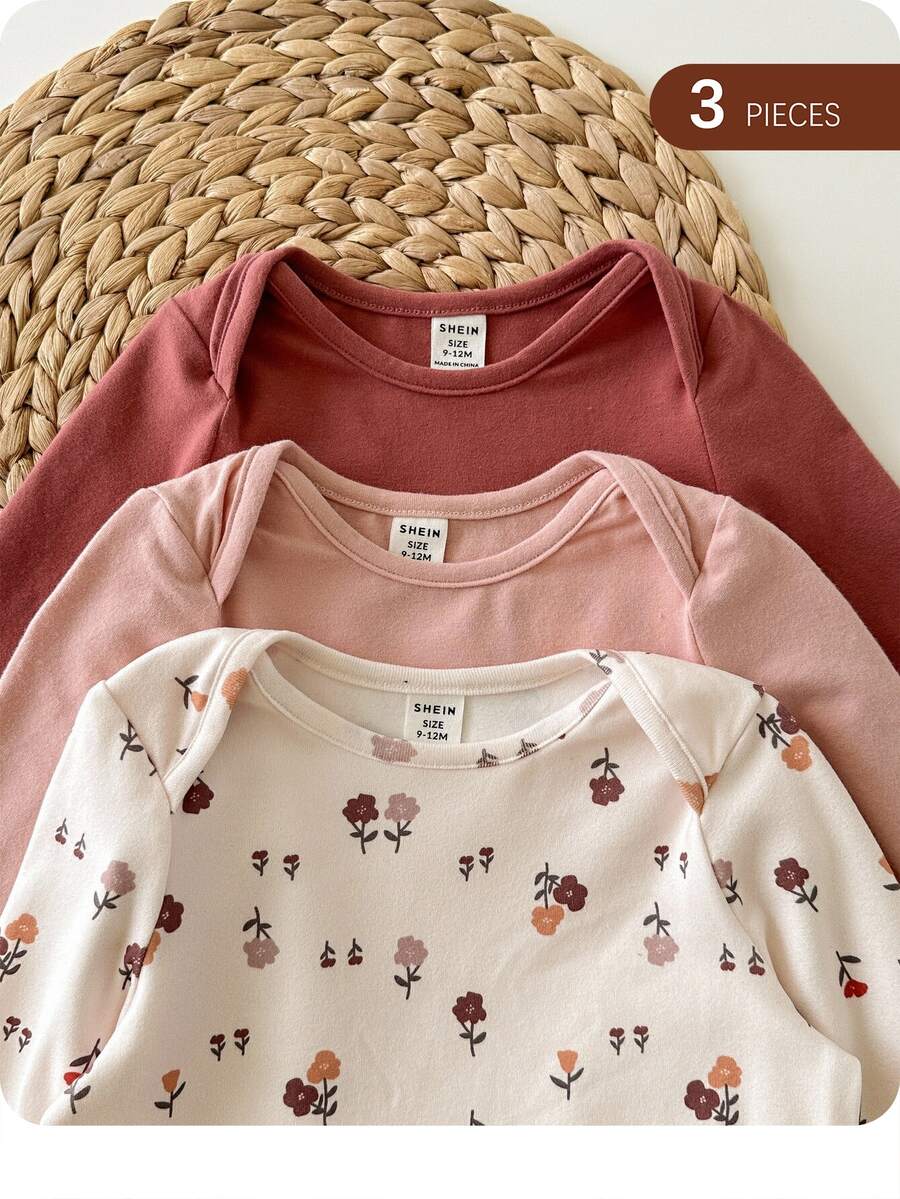 3 Potong Baju Bayi Perempuan Baru Lahir Motif Bunga Kecil Kasual Lucu Rajut Elastis Musim Gugur - MultiWarna - View 1