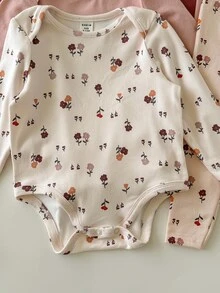 3 Potong Baju Bayi Perempuan Baru Lahir Motif Bunga Kecil Kasual Lucu Rajut Elastis Musim Gugur - MultiWarna - View 3