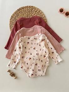 3 Potong Baju Bayi Perempuan Baru Lahir Motif Bunga Kecil Kasual Lucu Rajut Elastis Musim Gugur - MultiWarna - View 2