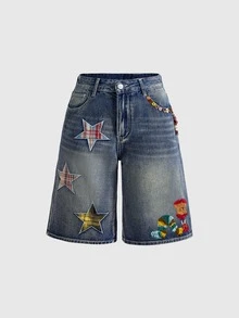 Sweetness Y2K Nostalgic Checkered Apple Embroidered Loose Casual Low-Waist Women's Capri Jeans - Blue - View 1